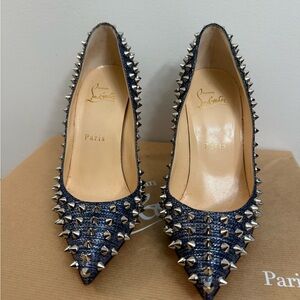 Like NEW Christian Louboutin Denim Silver Studded 100 mm Heels